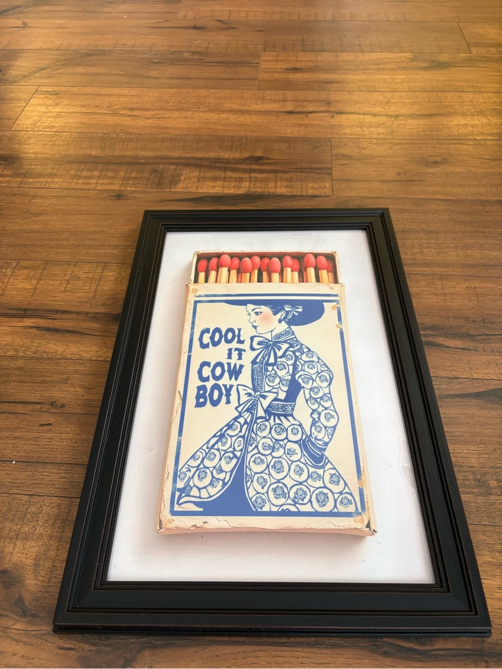 FRAMED “Cool It Cowboy” Art with Red Matches and Blue Illustration Retro Print